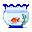 Pixelated fishbowl with blue rim and base, containing one orange fish and green aquatic plants, displayed in a of identical frames