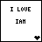 Two side-by-side pixel art frames showing text "I LOVE IAN" with a heart symbol changing color between black and pink.