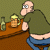 Pixelated bar scene with a bald man in a green shirt and blue pants leaning over a brown counter with two mugs and a bottle.