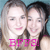 Two people with light and dark hair pose closely together against a blue background, wearing pink text overlay.