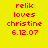 Red pixel text on four colored backgrounds: yellow, gray, blue, and dark gray, displaying 'relik loves christine 6.12.07' in a