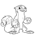 Pixelated grayscale image of a tall, slender creature with large eyes and a wide mouth holding a circular object.