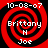 Red and black spiral pattern with white text reading 'Brittany', 'H', 'Joe' and date '10-08-07' on a pixelated background.