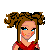Pixel art character with brown curly hair, blue eyes, red top, and blush marks; text in red pixelated font reads 'addicted 2 u and i want it said and i never wanna' on white background.