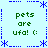 Light blue background with green text "pets are ufa! :(" and blue pixelated border elements including stars, dots, and lines.