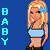 A pixelated image shows a person with long blonde hair wearing a light blue top against a blue background with vertical text reading "BABY" on the left.