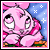 Pixelated pink character with large eyes and a striped scarf against blue background, text below changes from 'U' to 'WHO ME?' across frames.