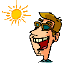 Pixelated cartoon head with brown hair, blue sunglasses, and wide red mouth smiling against yellow suns on white background.