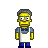 Pixelated character with yellow skin, gray hair, and glasses wearing a white apron over blue shirt and blue pants against gray background.