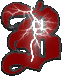 Red stylized letter B with white lightning bolts, gray background, and black outline.
