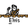 Pixel art contact sheet of 14 animated frames showing a cartoon Elvis character performing on stage with guitar and microphone, displaying text bubbles and musical notes across different poses.