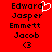 Red background with black pixelated text listing Edward Jasper Emmett Jacob and a heart symbol above Edward, with a small '<3' symbol below Jacob.