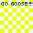 Yellow and white checkered background with blue text reading "GO GOOSE!!!!" repeated twice horizontally, featuring a pixelated animation of a yellow shape expanding outward from the center.