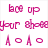 Pixelated pink text reads 'lock up your shoes' with two small icons below, alongside a grayscale image of legs in high heels and scattered red squares.
