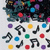 Static image of musical notes and colored circles on a light background with dark abstract shapes above.