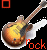 Animated icon featuring a sunburst-finish electric guitar with white pickguard, surrounded by red square and dot symbols on black background.