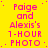 A bright yellow background with repeated pink text reading "Paige and Alexis's 1-HOUR PHOTO" arranged in a pattern, featuring one gray square at the bottom right