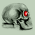 Pixelated gray skull with a single red glowing eye, black skeletal features on a light green background.