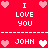 Red pixel art icon with white text and pink/white hearts, displaying "I LOVE YOU" and "JOHN" in a