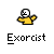 A contact sheet of 8 animated frames showing a yellow stick figure with white head performing sequential arm movements against gray background, each labeled "Exorcist" below.