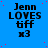 Blue background with red dots and repeated black text 'Jenn LOVES tiff x3' in a pattern