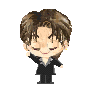 Pixelated chibi-style character with brown hair and black suit, shown in two expressions: one winking with hand near face, the other smiling with open eyes.