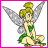 Pixelated fairy character with blonde hair in bun, green heart-shaped top, green skirt, and silver wings sitting cross-legged on white background across three animation frames.