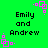 Green background with black text "Emily and Andrew" and pink square-shaped pixel art decorations.
