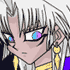 Anime-style character with white hair and yellow earrings, showing two eye states in a