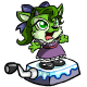 Green-skinned cartoon character with blue hair bows stands on ice platform, mouth open in cheer expression.
