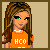 Pixelated character in orange shirt with 'HCO' text, blue jeans, and long brown hair against beige background.