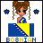 Pixel art contact sheet showing two frames of an animated AIM buddy icon featuring a cartoon girl with brown braided hair, blue eyes, and silver earrings standing behind a blue-yellow box with stars changing from dark blue to yellow.