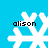 Four white snowflake icons on a solid cyan background, each with the text 'alison' in black pixelated font positioned above it.