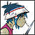 A 4-frame contact sheet of a pixelated Gorillaz character with blue hair and a striped hat, alongside promotional text for "Demon Days" and "In Stores Now".