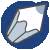 Blue circular frame encloses white background with gray abstract shape resembling stylized letter or symbol.