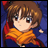 Pixelated anime-style character with brown hair and blue eyes wearing an orange scarf over a dark outfit, next to stylized text on black background.