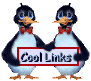 Two cartoon penguins holding a sign that reads 'Cool Links' with varying eye expressions across frames.