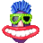 Pixelated cartoon face with blue spiky hair, green sunglasses, and a large red mouth showing white teeth against gray background.