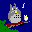 Pixelated gray creature with red mouth and yellow beak-like nose sits on brown branch holding white candle, surrounded by blue background with green foliage and floating musical notes.