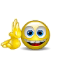Yellow circular emoji face with blue eyes and red mouth, performing hand gestures while text bubbles change from 'Bra' to 'Bravo!'