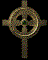 Animated sequence of a golden Celtic cross with green center rotating through four distinct orientations against black background.