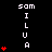 Pixelated text 'sam ILUA' vertically stacked with red heart symbols in varying quantities on a black background.