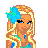 Pixel art buddy icon featuring a cartoon woman with long blonde hair, blue flower accessory, and turquoise swimsuit next to "Beach Babe" text in blue and green pixelated fonts.