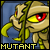 Pixelated creature with yellow eyes and red pupils, green limbs, brown body, holding a vine-like object against blue background with 'MUTANT' text below.