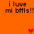 Orange background with black pixelated text reading "i luve mi bffls!!" and red heart symbols in different positions across frames.