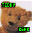 Static pixelated image of a brown teddy bear face with green text labels "TEDDY" and "BEAR" in blocky digital font, set against light background.