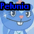 Blue cartoon animal with pink flower on head, smiling with visible teeth, wearing white top with green necklace, text overlays in blue pixelated font.