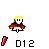 Pixelated character with yellow hair and red clothing, shown in multiple poses including side views of brown headwear and blue shoulder accents.