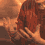 A pixelated animated sequence shows a character with brown hair and glasses in red clothing, transitioning from an embrace to questioning expressions while text appears sequentially.