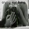 A 3x3 contact sheet of seven black-and-white animated frames showing a person with long dark hair covering their face with both hands in various poses, accompanied by overlaid text "crying and dying inside".